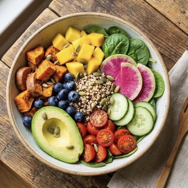 Nourishing veggie and grain bowl with avocado and sweet potato